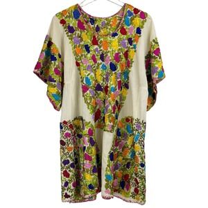 Vintage Mexican Huipil ALLOVER Embroidered Floral CAFTAN Dress VIBRANT FOLK BOHO